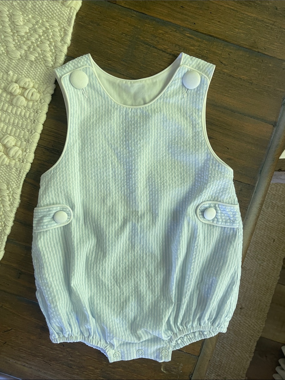 White and blue striped Seersucker Baby Bubble Romper